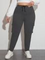 Plus Size Drawstring Waist Workwear Denim Pants With Slant Pockets