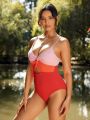 SHEIN Swim Vcay Ladies' One Piece Swimsuit With Color Block Design And Twist Knot Detail