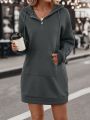 Kangaroo Pocket Lace Patched Drop Shoulder Drawstring Hooded Sweatshirt Dress