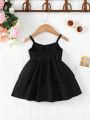 Baby Girls' Solid Color Butterfly Knot Decor Strap Dress For Summer