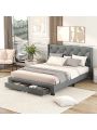 Upholstered Queen Size Storage Bed Linen Upholstered Platform Bed with Two Drawers