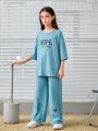 SHEIN Kids Nujoom Teen Girls' Loose Fit Vintage Round Neck T-shirt And Long Pants Set