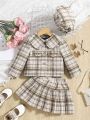 SHEIN Baby Girls' Vintage Plaid Doll Collar Coat, Pleated Skirt, And Hat Set