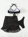 SHEIN Swim SXY Solid Color Chain Decoration Halter Neck Bikini Set