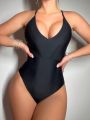 SHEIN Swim Basics Solid Color Criss-cross Open Back One-piece Swimsuit