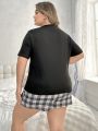 Plus Size Women's Letter Printed Short Sleeve Plaid Shorts Pajama Set