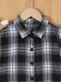 Teen Girls' Casual Fashionable Plaid Turn-Down Collar Short Shirt For Spring And Autumn