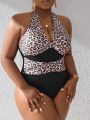 SHEIN Swim Chicsea Plus Size Leopard Print Splice Halter One-piece Swimsuit