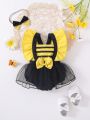 SHEIN Baby Girl Mesh Tutu Suspender Bodysuit With Bowknot, Spring/Summer Casual Party Clothes