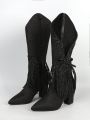 Fashionable Black Glitter Women's Outdoor Boots With Tassel & Glitter Decoration, Pointed Toe & Chunky Heel, Western Style