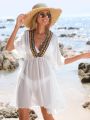 SHEIN Swim BohoFeel Contrast Tape Batwing Sleeve Cover Up Dress