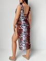 SHEIN Swim Y2GLAM Plus Size Women'S Tiger Print Split Cover-Up Dress