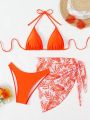 Women'S Plant Pattern Halter Neck Bikini Set