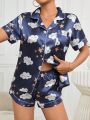 Women'S Clouds & Stars Printed Satin Pajama Set