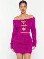 SHEIN MONACO Shaggy Off The Shoulder Crop Top With Mini Skirt