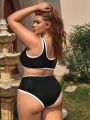 SHEIN Leisure Plus Size Color Block Bikini Swimsuit Set With Edging & Button Detail