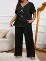 Women's Plus Size Spring & Autumn Color Block Pajama Set With Bowknot Decoration And Pleated Hem