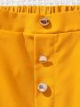 SHEIN Kids FANZEY 2pcs Tween Girl's Sweetheart Collar Puff Sleeve T-Shirt With Bow Decoration, Flower Patterned T-Shirt With Button Decoration, Rolled Hem Shorts