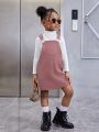 SHEIN Kids Cooltwn Young Girl Mock Neck Tee & Pocket Patched Overall Dress