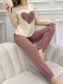 Women's Love & Letter Print Short Sleeve Top And Long Pants Pajama Set