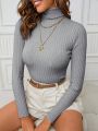 Solid Turtleneck Ribbed Knit Sweater