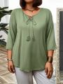 Plus Size Solid Color T-Shirt With Tassel & Knot Detailing On Collar