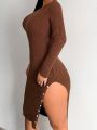 SHEIN SXY Women'S Split Hem Imitation Pearl Button Detail Ribbed Knit Sweater Dress