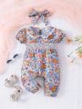 Baby Girl's Elegant And Romantic Floral Print Lace Romper With Doll Collar, Bubble Sleeves, Seven-Point Pants And Bowknot Headband For Spring And Summer