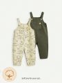 Cozy Cub Baby Boy's Cartoon Animal Pattern Decorated Woven Label Solid Color Overalls And Long Pants Set