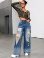 SHEIN ICON Wide Leg Jeans With Distressed Holes