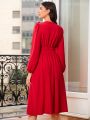 SHEIN Clasi Women's Fashionable Red Long Sleeve Dress With Bow Decoration