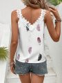 SHEIN VCAY Women's Feather Print Lace Splice Vest Top