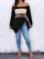 SHEIN LUNE Plus Size Leopard Print Colorblock Asymmetrical Hem Off Shoulder T-shirt