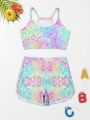 Girls' Colorful Leopard Print Two-piece Swimsuit With Sports Bra And Flat Angle Swim Shorts