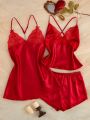 Contrast Lace Satin Cami Top & Shorts PJ Set