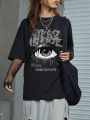 ROMWE Grunge Punk Cool And Casual Street Style Loose Fit Short Sleeve T-Shirt With Eye Pattern Design