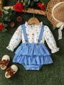 Baby Girl Floral Top And Solid Color Ruffled Strap Overalls Bodysuit Set