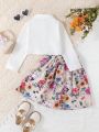 SHEIN Kids Nujoom Toddler Girls' Casual Shirt & Romantic Floral Skirt Set