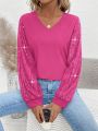 Women's V-Neck Sparkly Long Sleeve Blouse