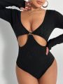 SHEIN SXY Cut Out Front Plunging Neck Bodysuit