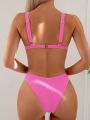 Ladies' Pink Two-Piece Swimsuit With Circular Ring Decoration