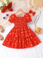 Girls' Heart Print Bubble Sleeve Dress With Bowknot Accents, Summer