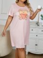 Women's Plus Size Short Sleeve Bear Printed Nightgown With Round Neckline