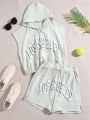 Teen Girls' Hoodie With Letter Print And Shorts With Slanted Pockets Two Piece Set