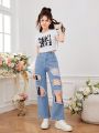 Teenage Girls' Vintage Street Style Cool Ripped Wide Leg Jeans With Comfortable Fit And Casual Feeling, Fashionable Sunglasses, Hot Girl Printed Short Tank Top