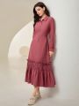 SHEIN Mulvari Ladies' Solid Color Ruffled Hem Shirred Dress