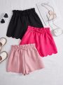 SHEIN Kids EVRYDAY Tween Girls' Knitted Solid Color Shorts Set, Including Loose Fit Shorts With Wave Hem And Two Other Items