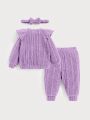 SHEIN Newborn Baby Girls' Solid Color Ruffle Edge Long Sleeve Top, Pants, And Headband 3 Piece Outfit Set