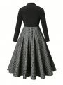 Plus Size Colorblock Plaid Patchwork Dress With Neckline Bow Tie