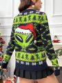 SHEIN Qutie Christmas Pattern Drop Shoulder Sweater